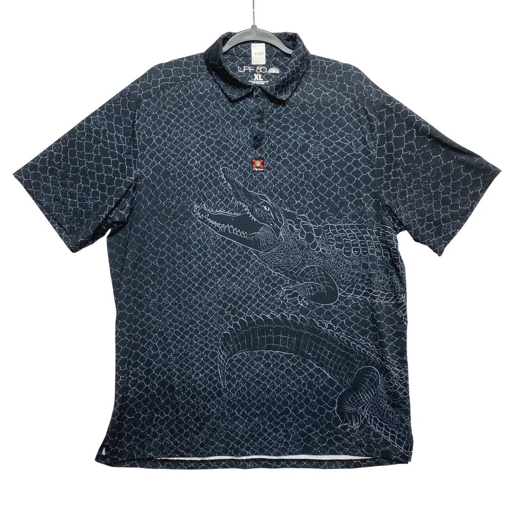 FloGrown Polo Shirt Mens XL Black Alligator Scale Graphic UPF 50 Performance